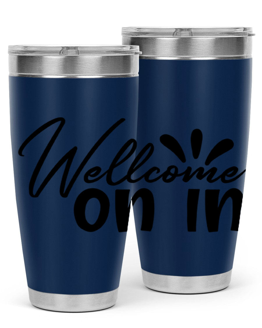 A stylish dont stop be leaving 73# Tumbler made of double wall vacuum stainless steel, featuring a drink-thru lid and vibrant print.