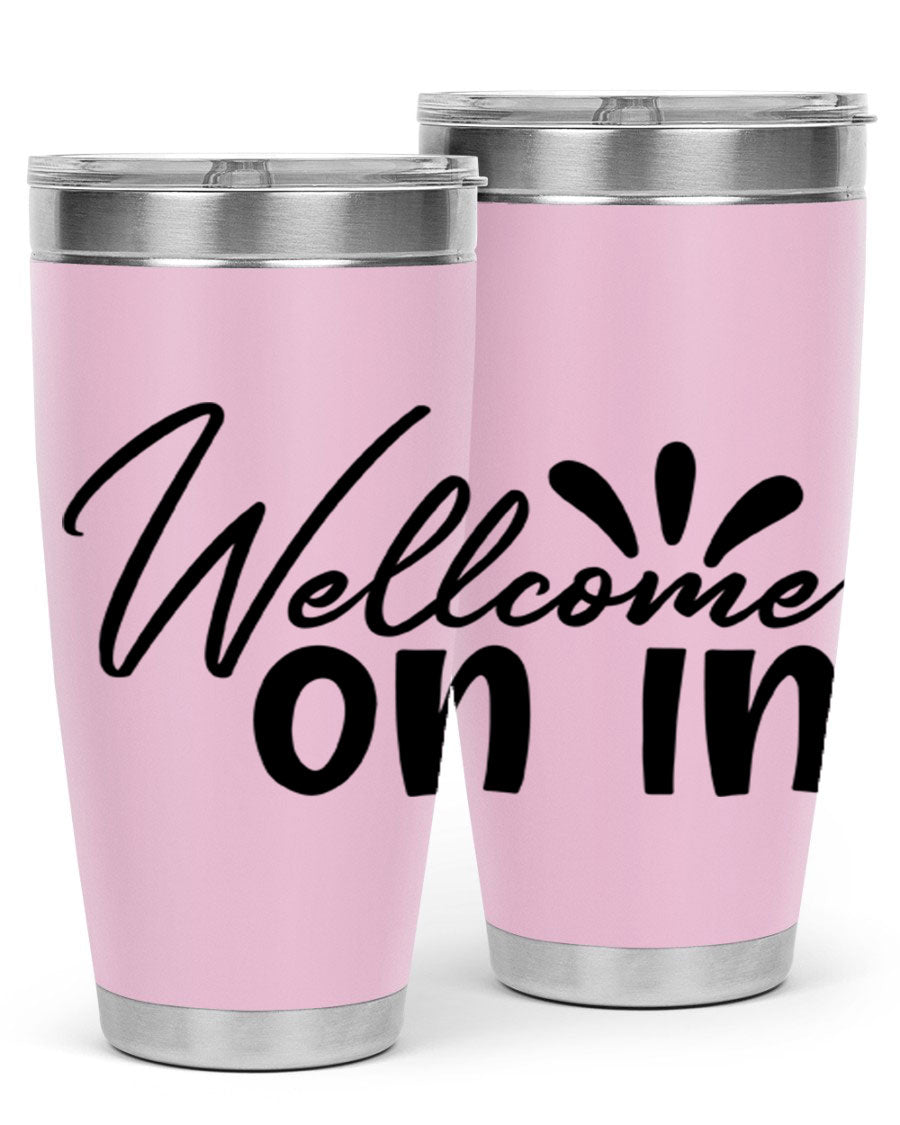 A stylish dont stop be leaving 73# Tumbler made of double wall vacuum stainless steel, featuring a drink-thru lid and vibrant print.