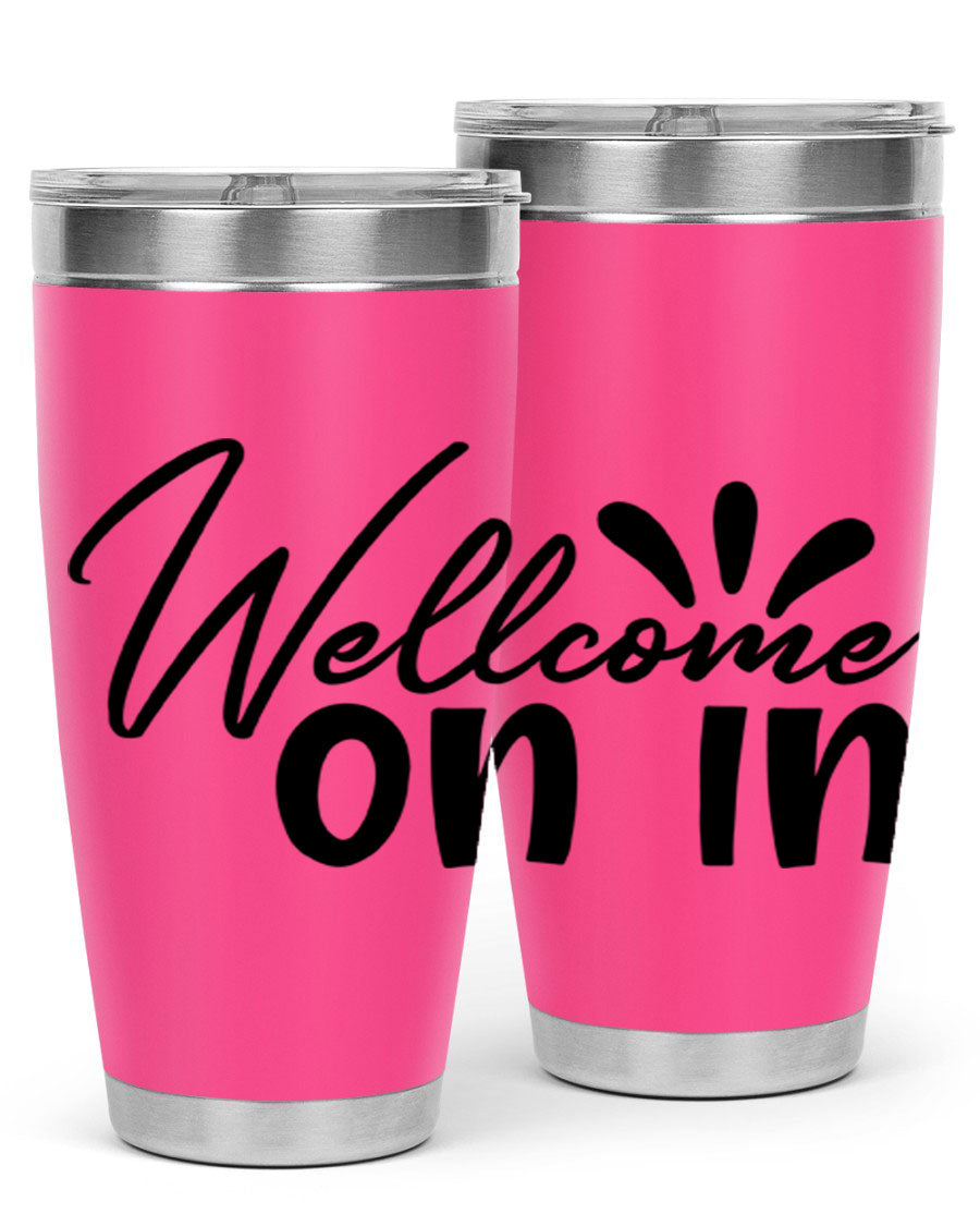 A stylish dont stop be leaving 73# Tumbler made of double wall vacuum stainless steel, featuring a drink-thru lid and vibrant print.