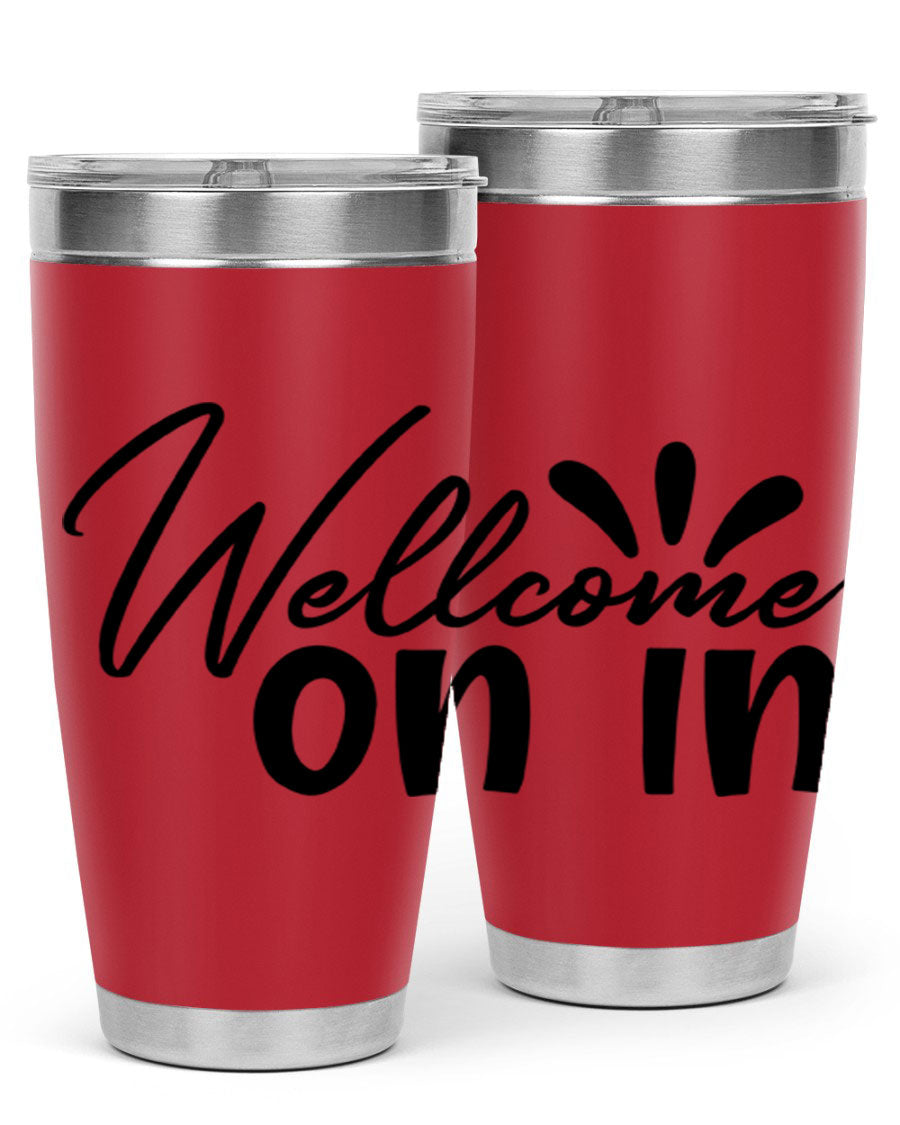 A stylish dont stop be leaving 73# Tumbler made of double wall vacuum stainless steel, featuring a drink-thru lid and vibrant print.