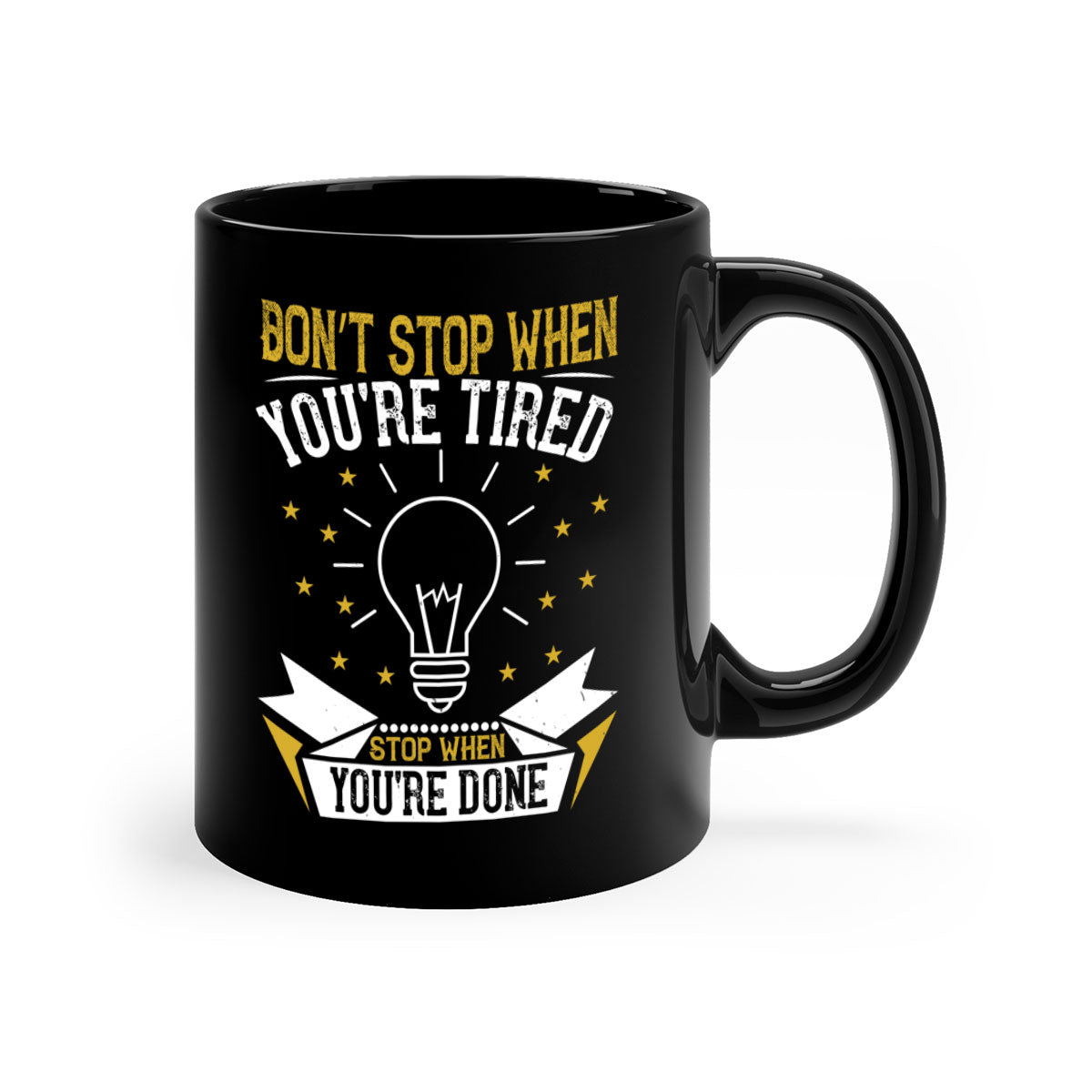 Two-tone ceramic mug with motivational quote, available in five colors and two sizes.