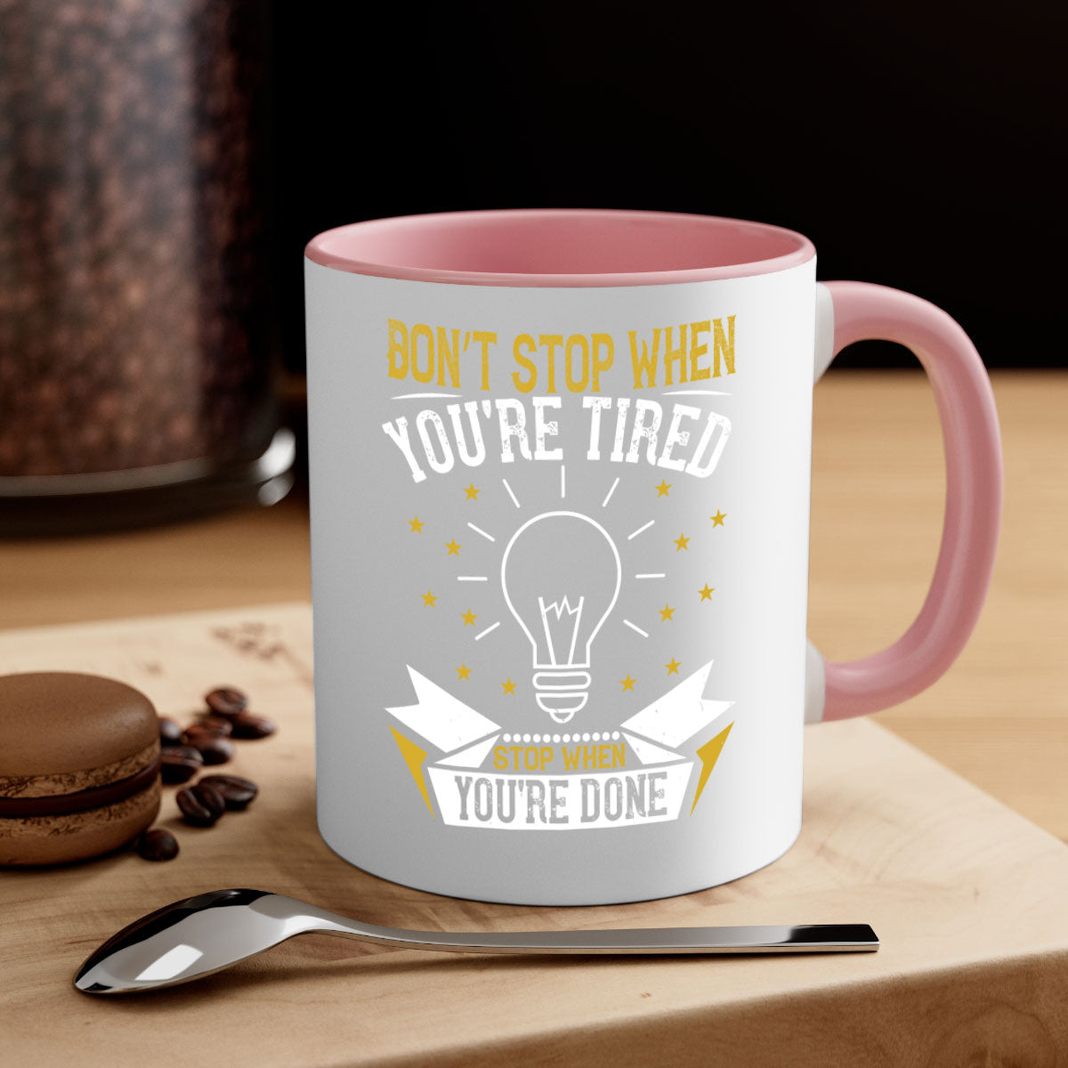 Two-tone ceramic mug with motivational quote, available in five colors and two sizes.