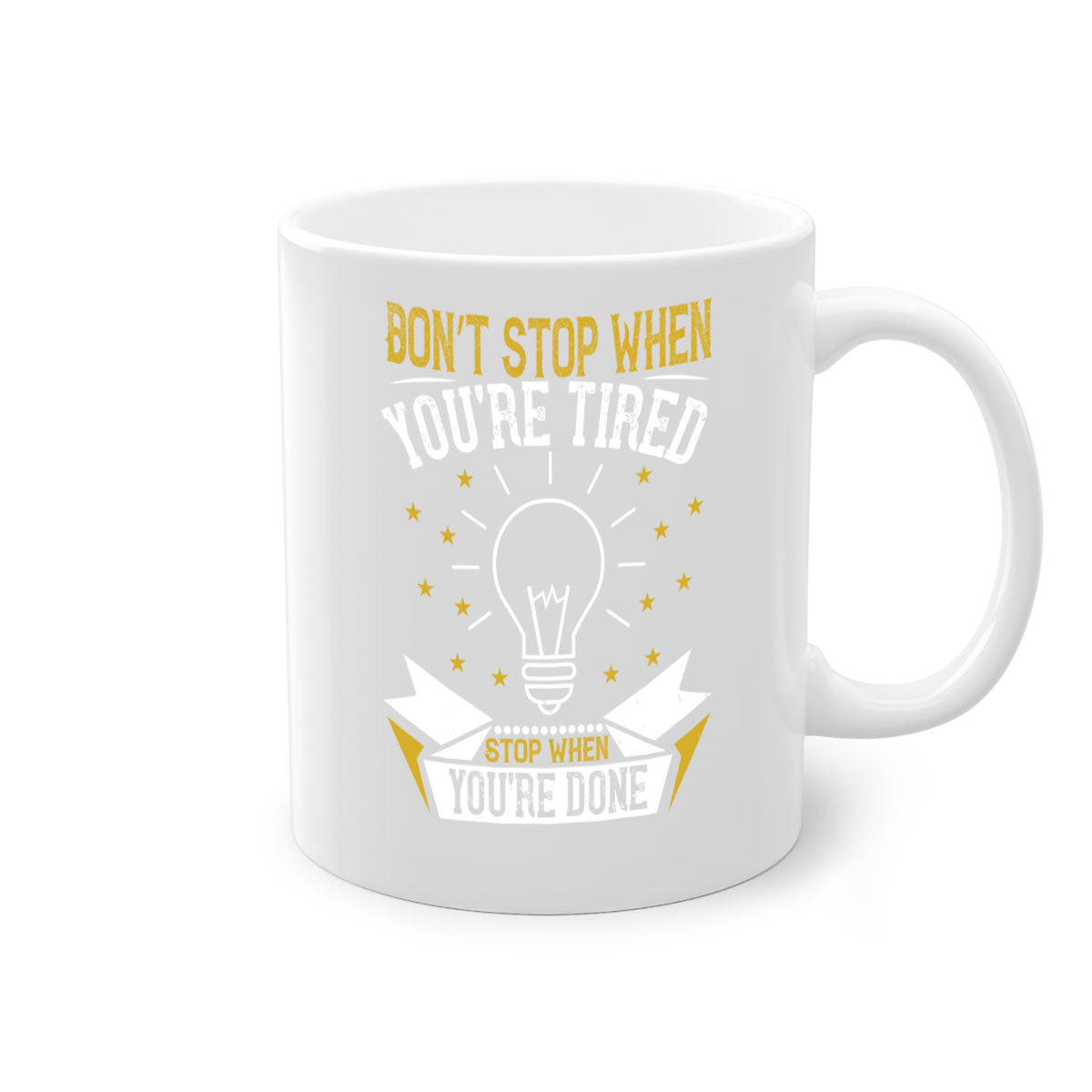 Two-tone ceramic mug with motivational quote, available in five colors and two sizes.