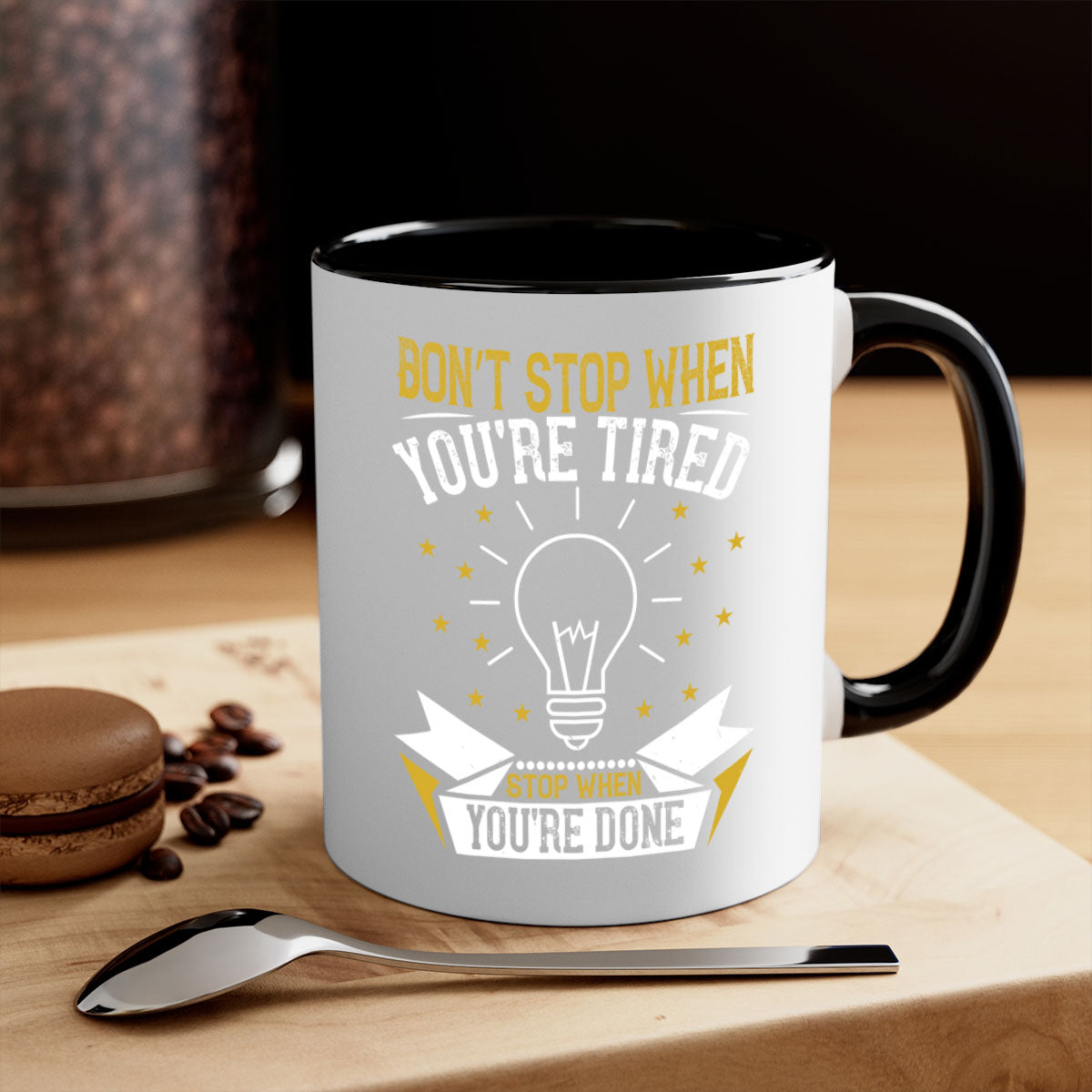 Two-tone ceramic mug with motivational quote, available in five colors and two sizes.
