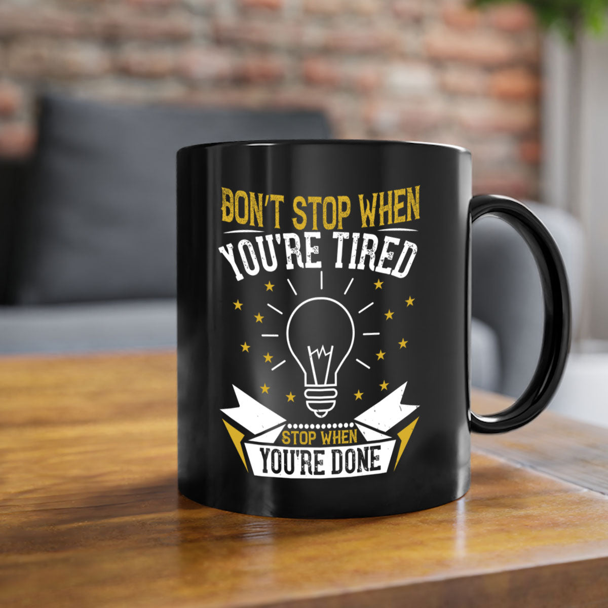 Two-tone ceramic mug with motivational quote, available in five colors and two sizes.