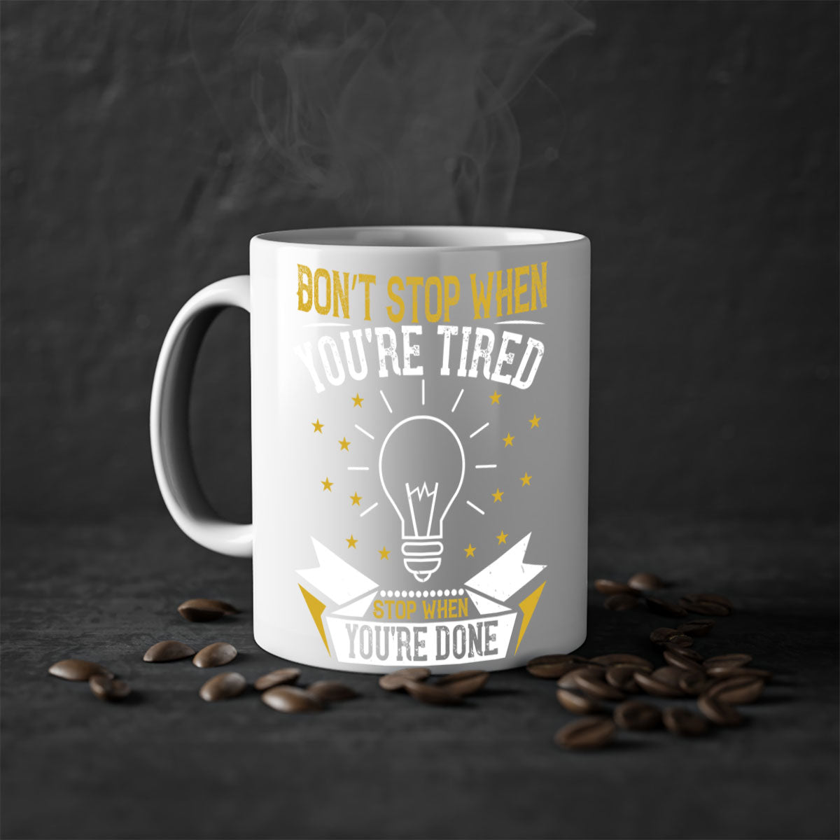 Two-tone ceramic mug with motivational quote, available in five colors and two sizes.