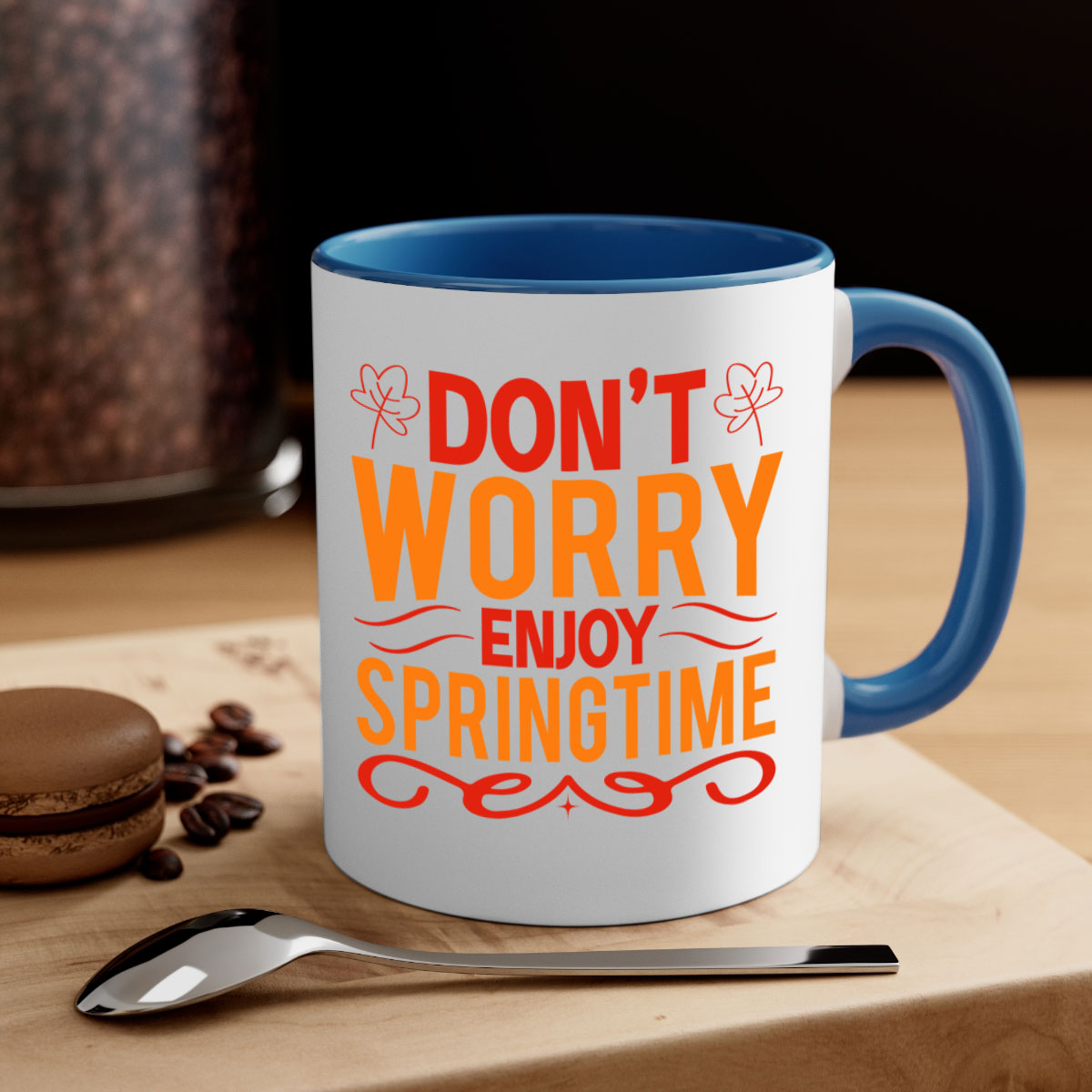 A two-tone ceramic coffee mug with a glossy finish, featuring a colored handle and interior, perfect for springtime beverages.