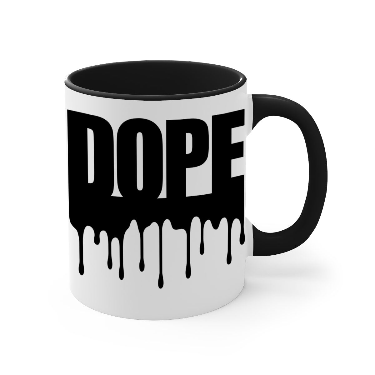 Dope Drip 166# Mug with black words and phrases, featuring a glossy finish and colorful handle.