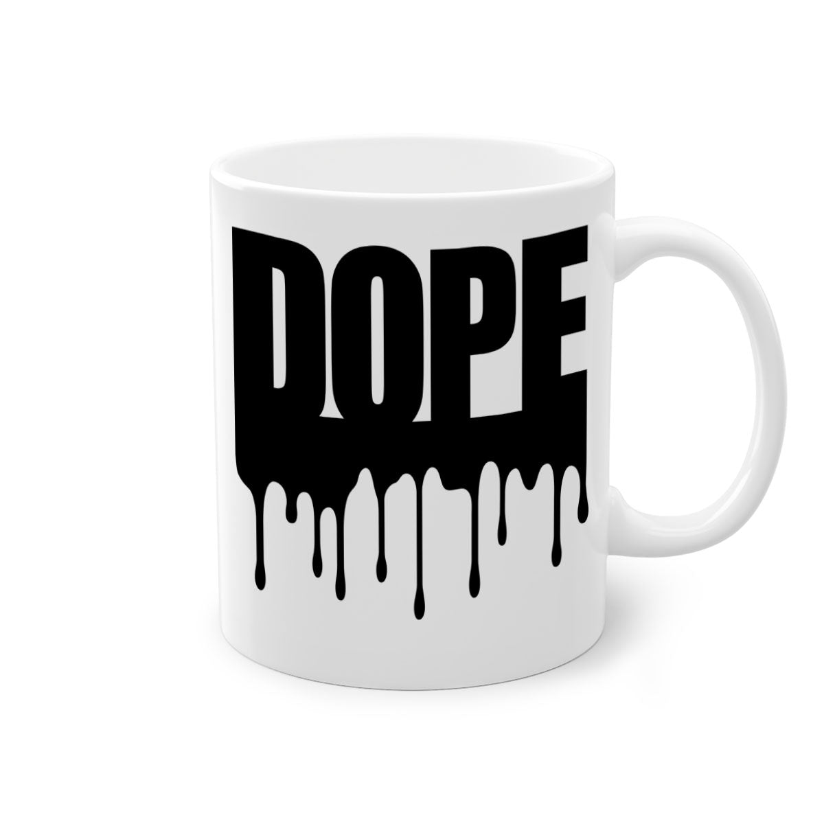 Dope Drip 166# Mug with black words and phrases, featuring a glossy finish and colorful handle.