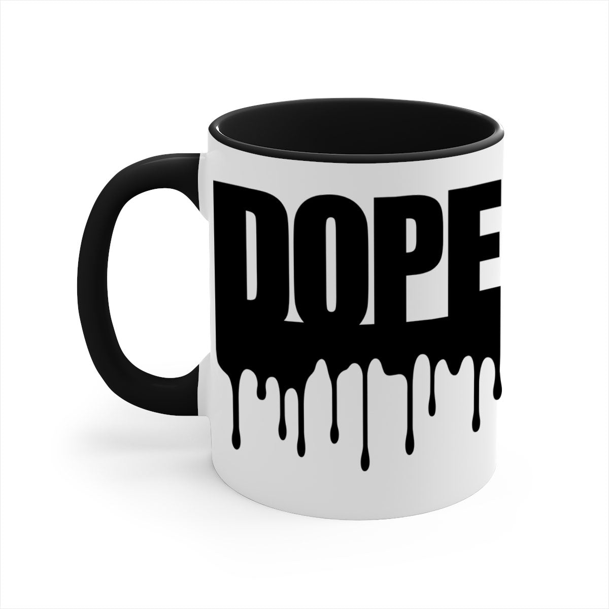 Dope Drip 166# Mug with black words and phrases, featuring a glossy finish and colorful handle.