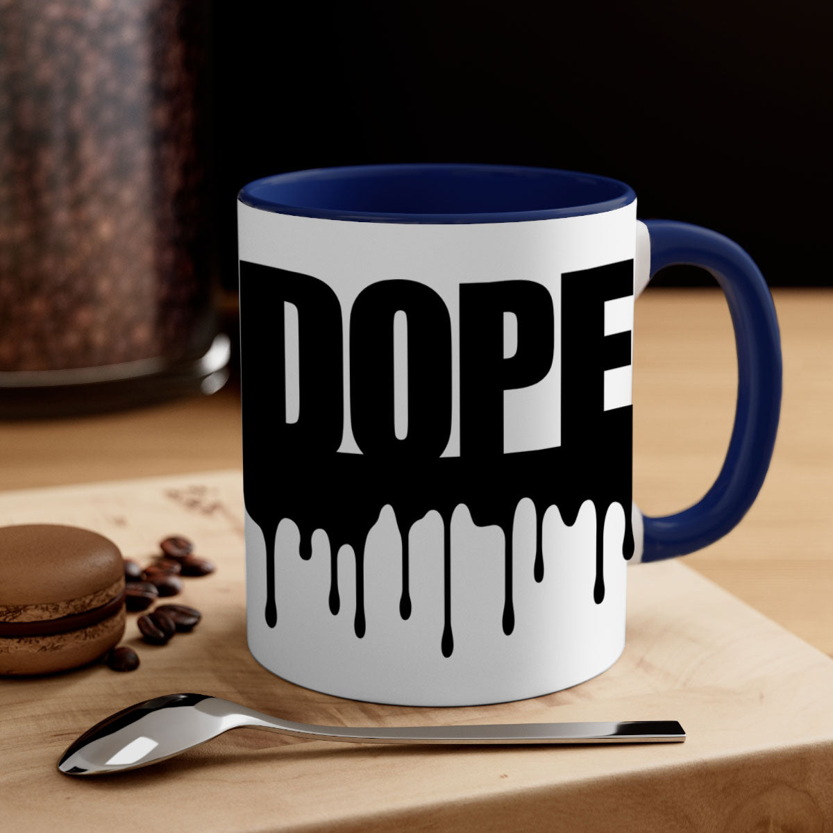 Dope Drip 166# Mug with black words and phrases, featuring a glossy finish and colorful handle.