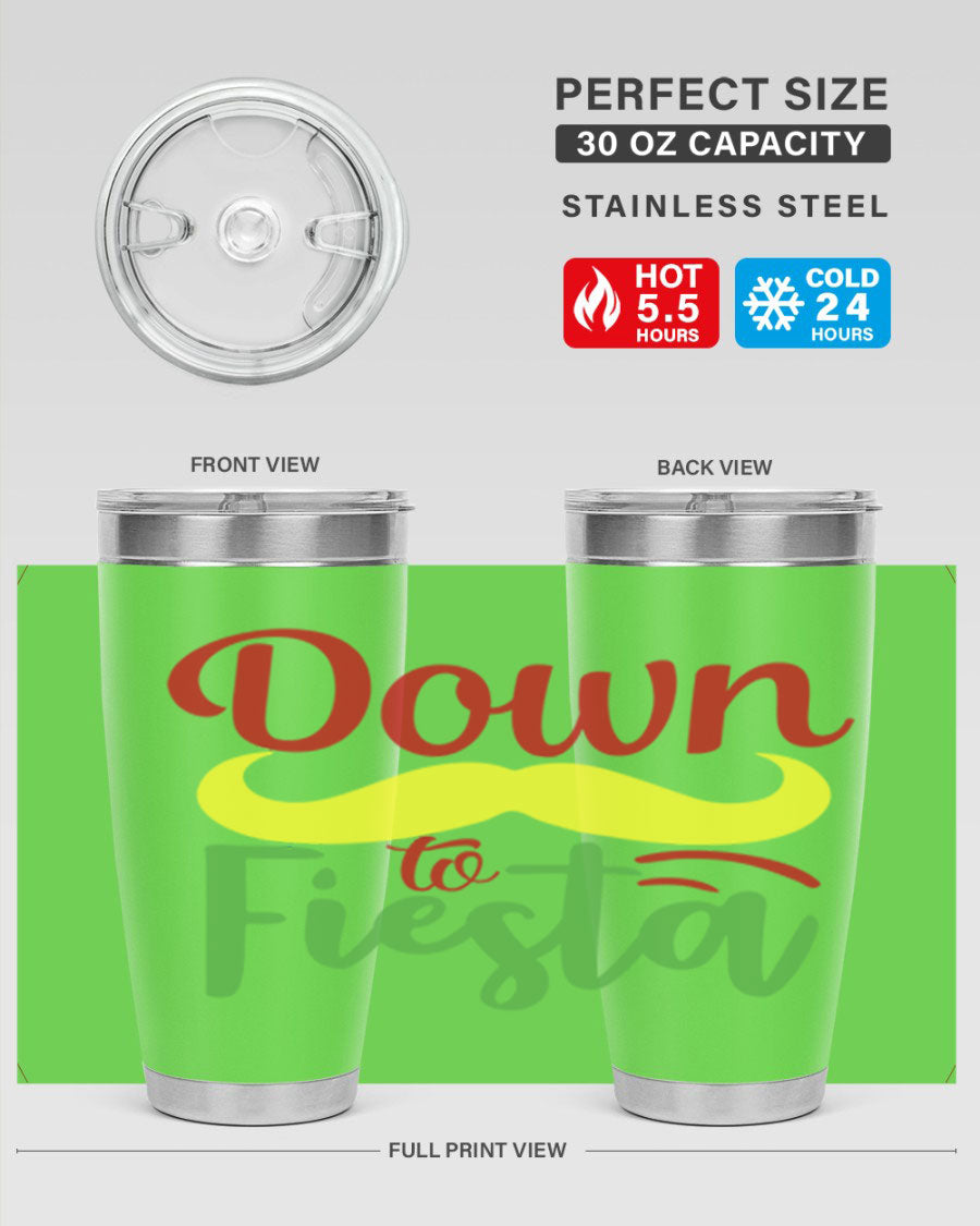 Down to Fiesta 20oz Tumbler featuring vibrant design, double wall vacuum insulation, and a press-in drink-thru lid.