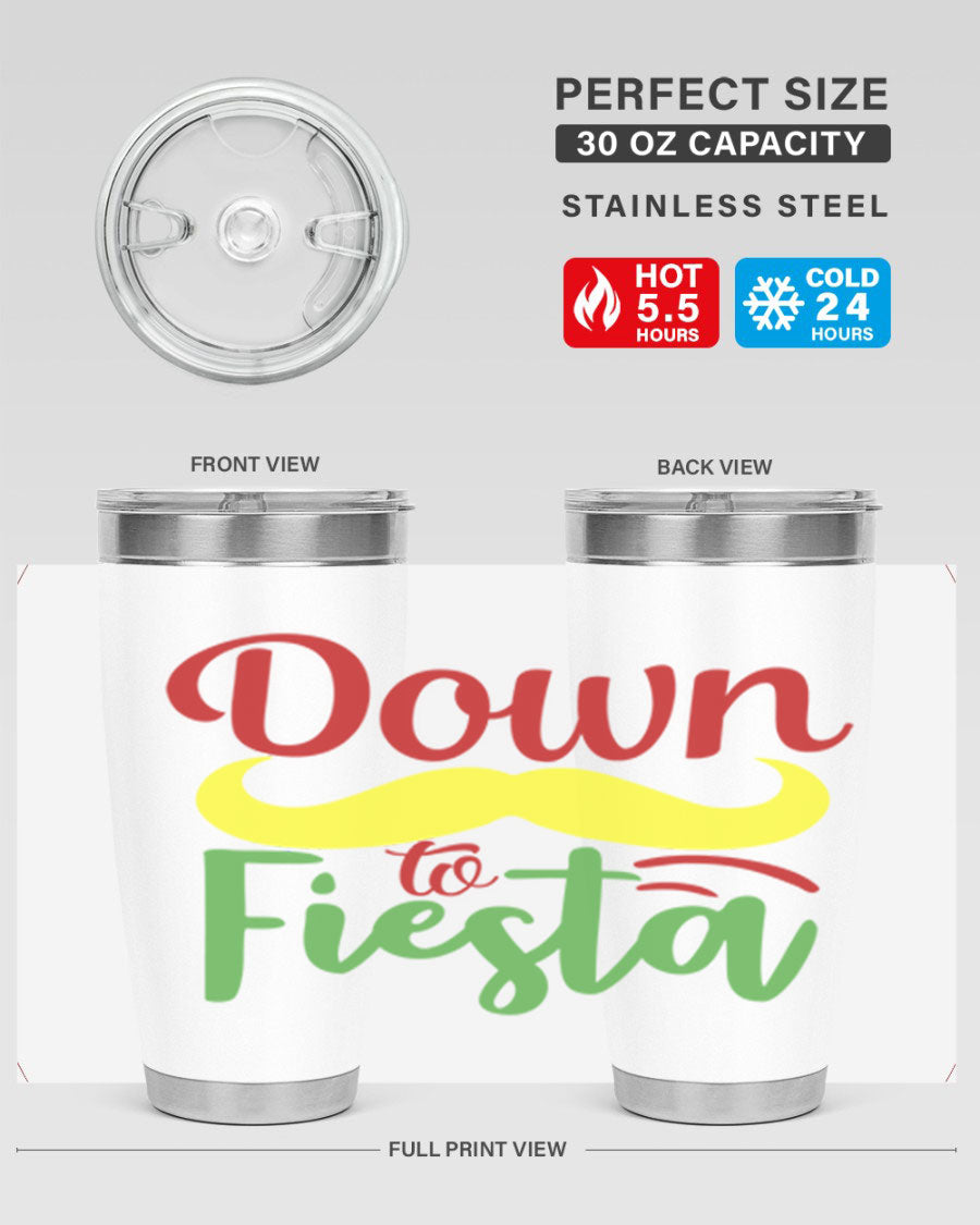 Down to Fiesta 20oz Tumbler featuring vibrant design, double wall vacuum insulation, and a press-in drink-thru lid.