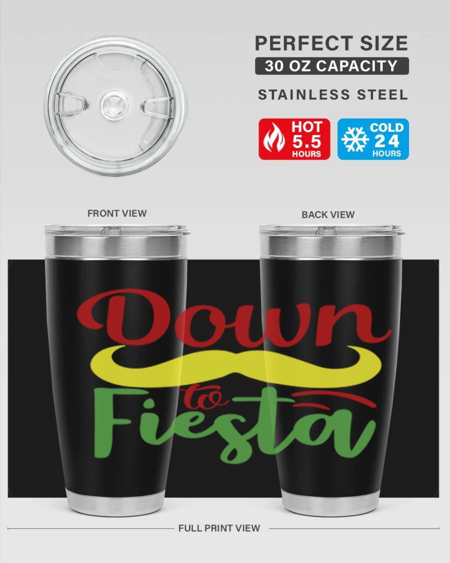 Down to Fiesta 20oz Tumbler featuring vibrant design, double wall vacuum insulation, and a press-in drink-thru lid.