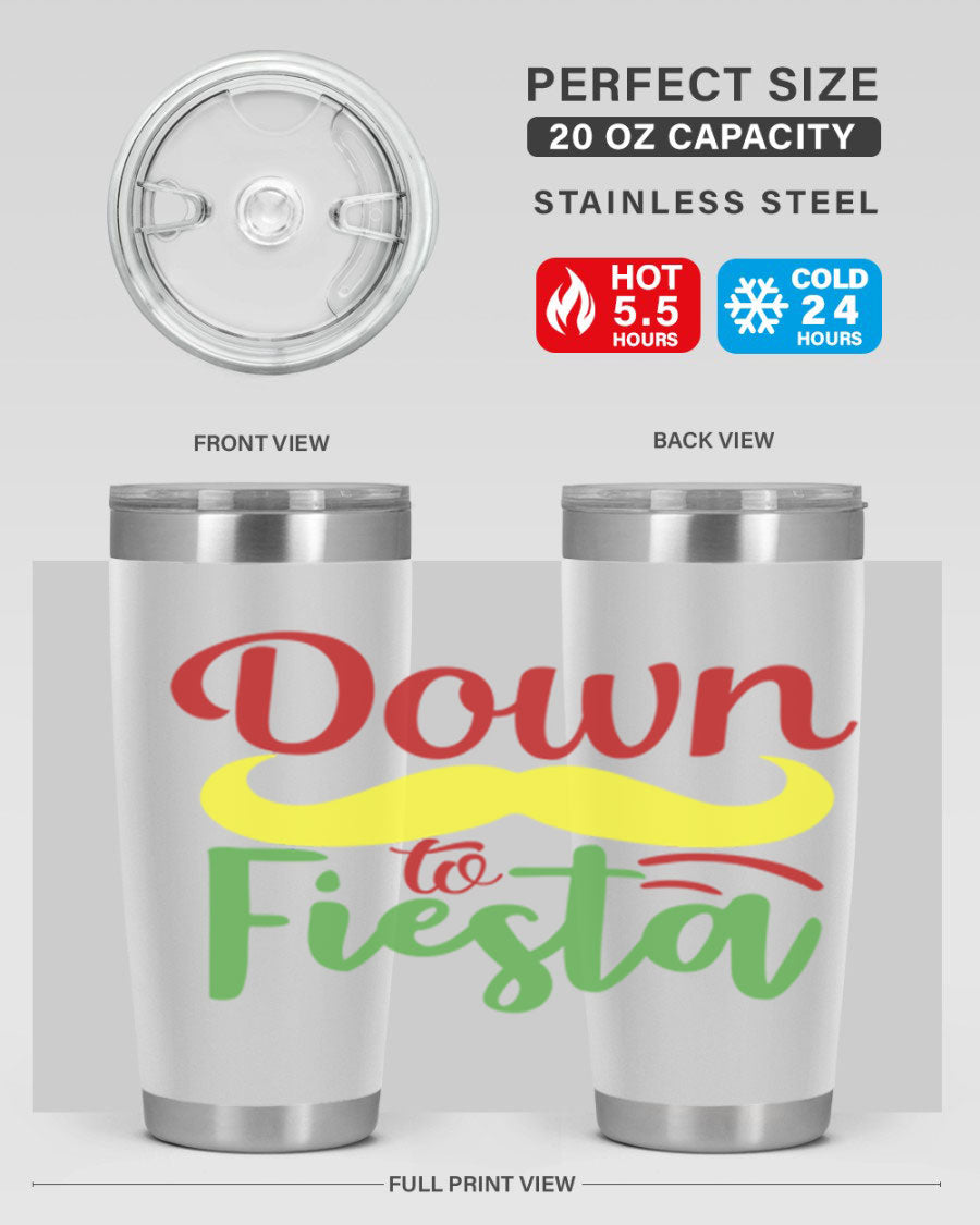 Down to Fiesta 20oz Tumbler featuring vibrant design, double wall vacuum insulation, and a press-in drink-thru lid.
