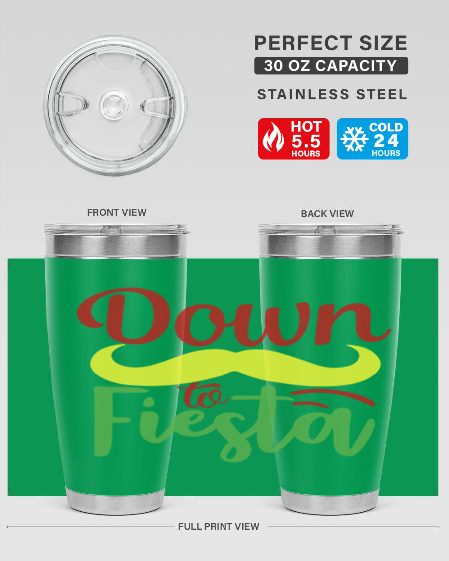 Down to Fiesta 20oz Tumbler featuring vibrant design, double wall vacuum insulation, and a press-in drink-thru lid.