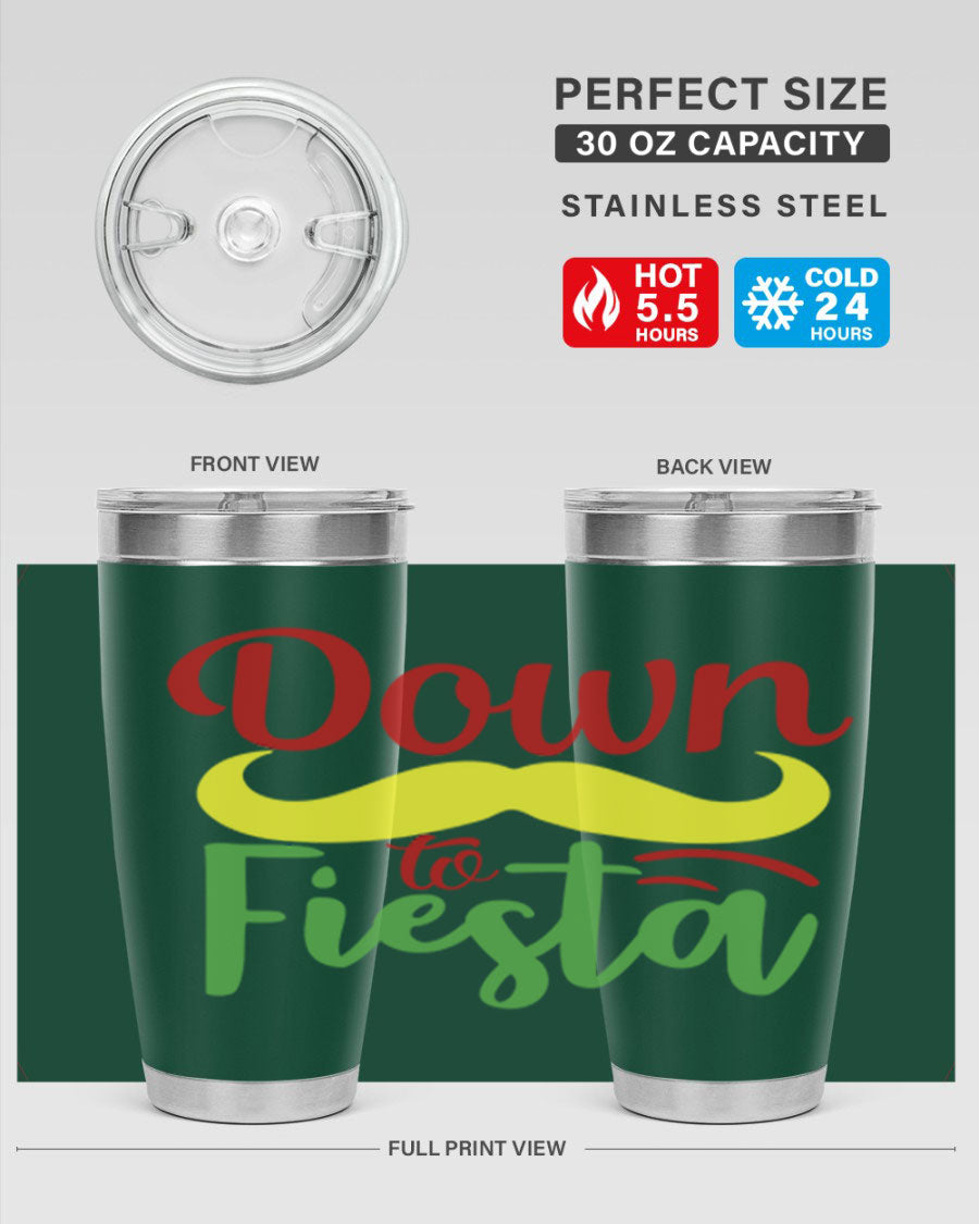 Down to Fiesta 20oz Tumbler featuring vibrant design, double wall vacuum insulation, and a press-in drink-thru lid.