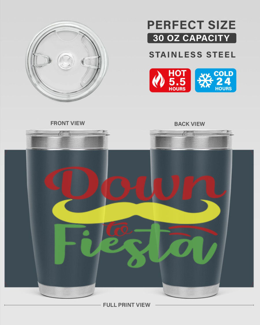 Down to Fiesta 20oz Tumbler featuring vibrant design, double wall vacuum insulation, and a press-in drink-thru lid.