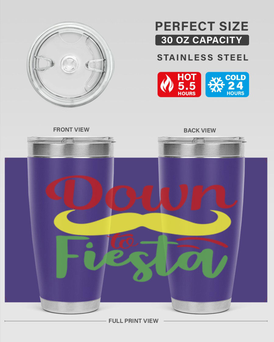 Down to Fiesta 20oz Tumbler featuring vibrant design, double wall vacuum insulation, and a press-in drink-thru lid.