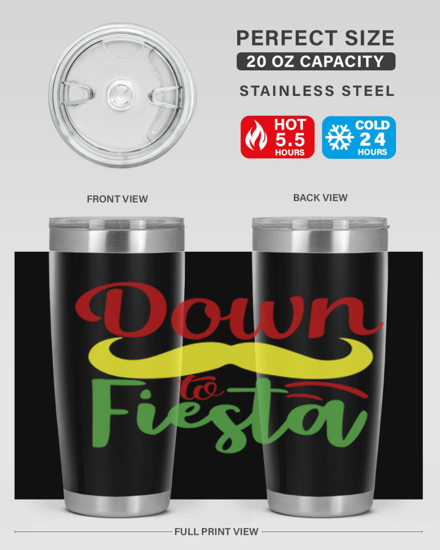 Down to Fiesta 20oz Tumbler featuring vibrant design, double wall vacuum insulation, and a press-in drink-thru lid.