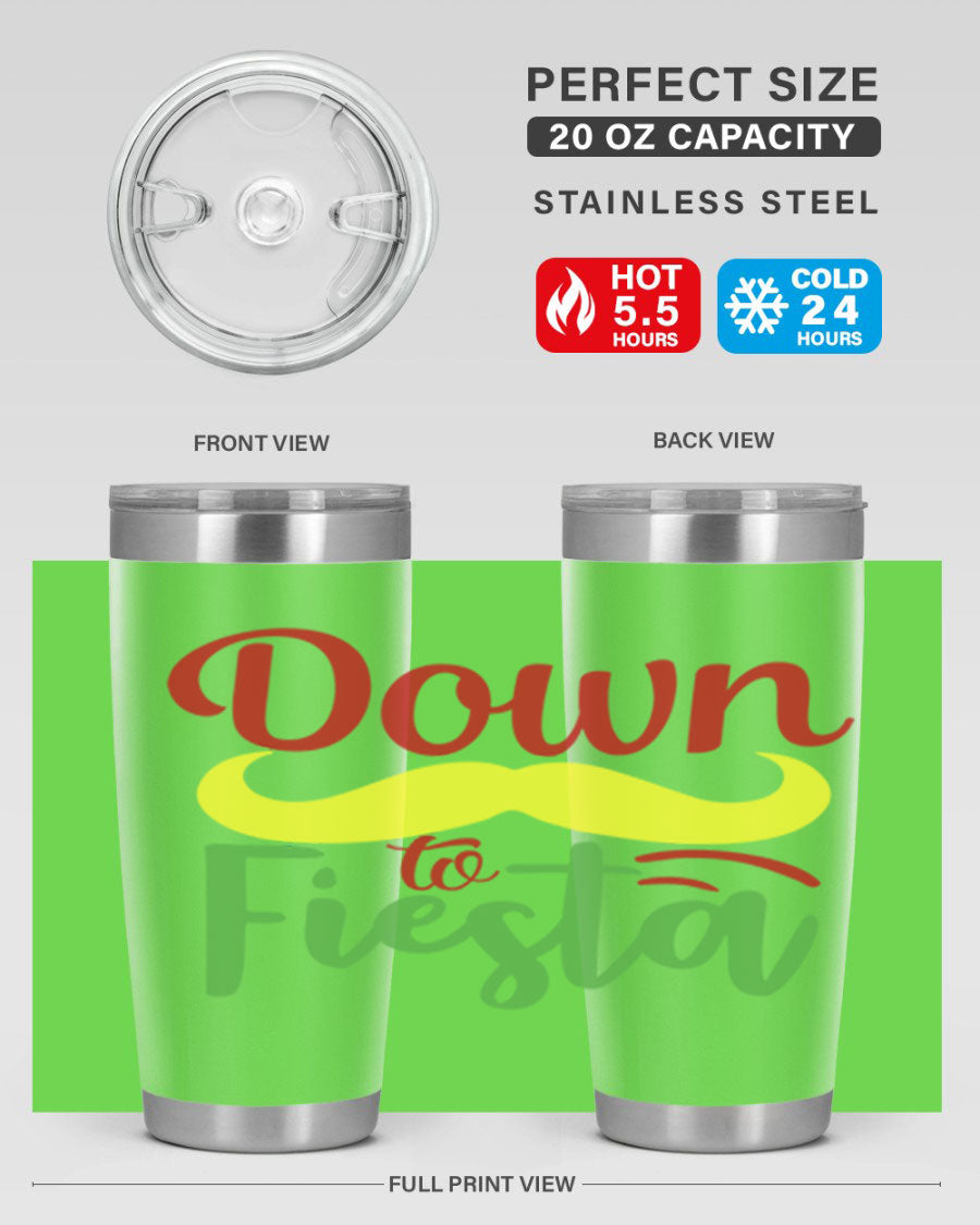 Down to Fiesta 20oz Tumbler featuring vibrant design, double wall vacuum insulation, and a press-in drink-thru lid.
