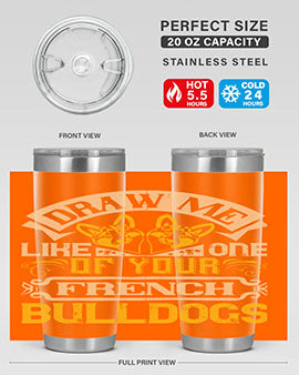 A stylish 20oz tumbler featuring a playful design inspired by French Bulldogs, made from stainless steel with a drink-thru lid.