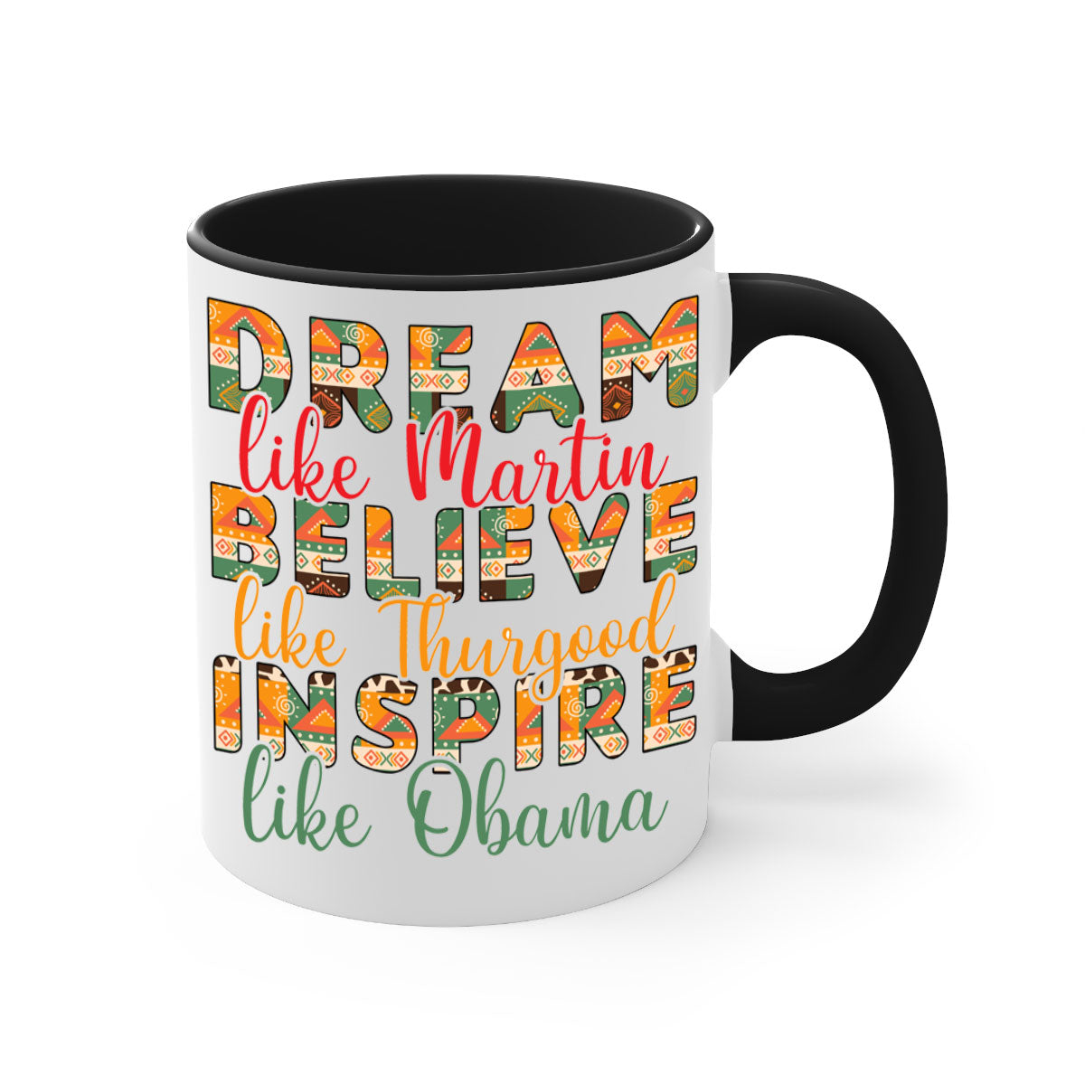 Dream Believe Inspire Juneteenth Mug with colorful handle and glossy finish, available in multiple sizes.