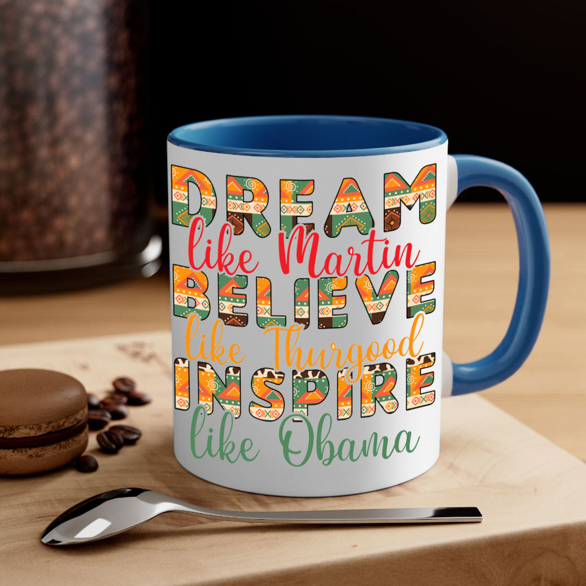 Dream Believe Inspire Juneteenth Mug with colorful handle and glossy finish, available in multiple sizes.