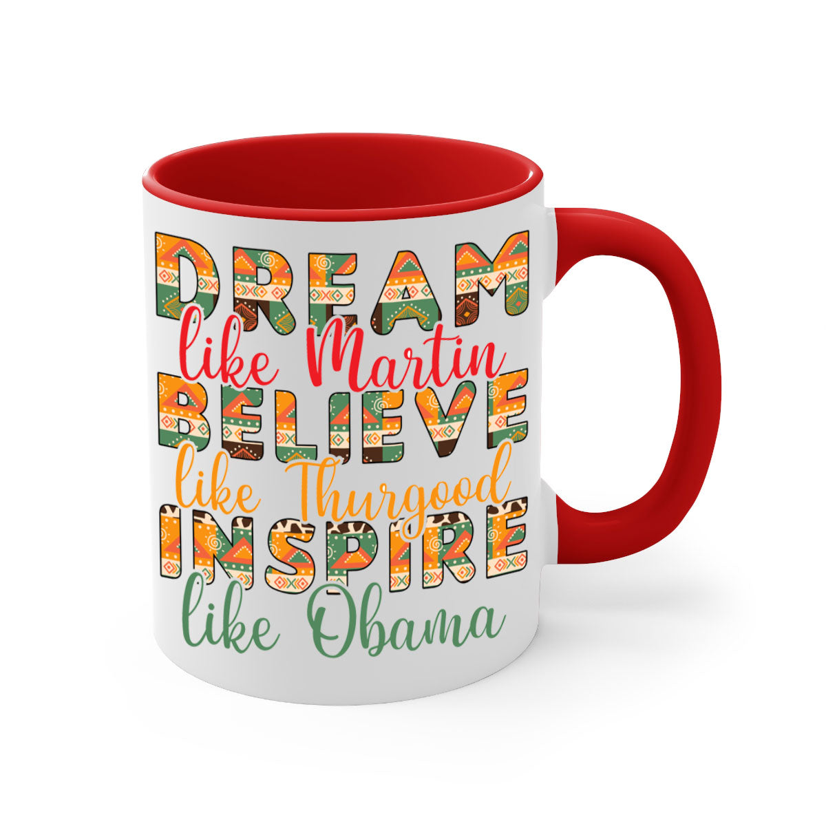 Dream Believe Inspire Juneteenth Mug with colorful handle and glossy finish, available in multiple sizes.