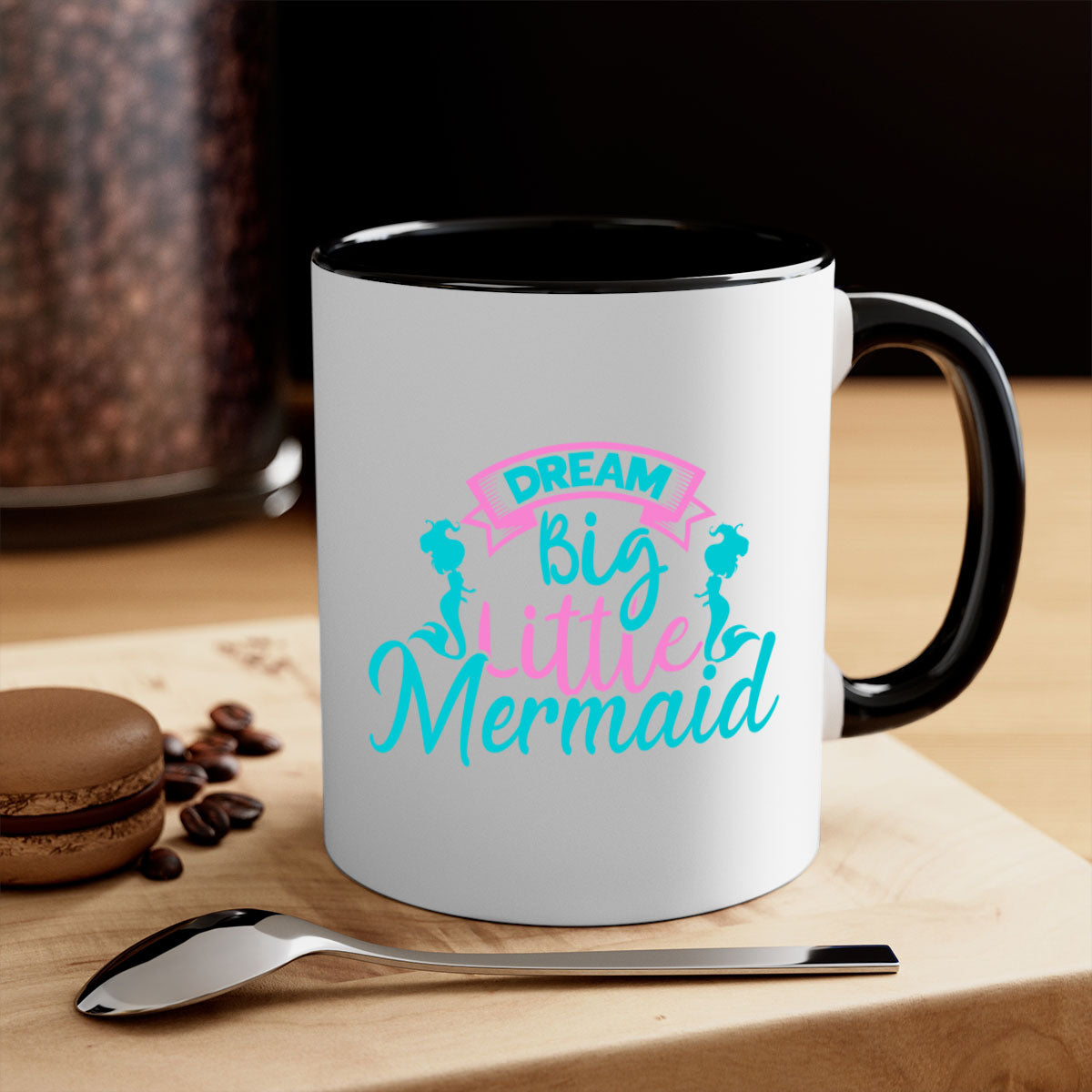 Dream Big Little Mermaid Mug with two-tone design, featuring a colored handle and glossy finish, available in multiple colors.