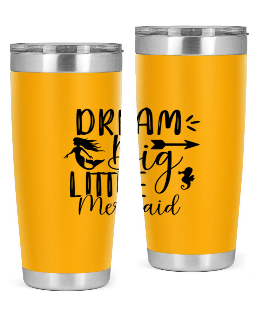 Dream Big Little Mermaid 20oz tumbler featuring a vibrant mermaid design, made from double wall vacuum stainless steel with a drink-thru lid.