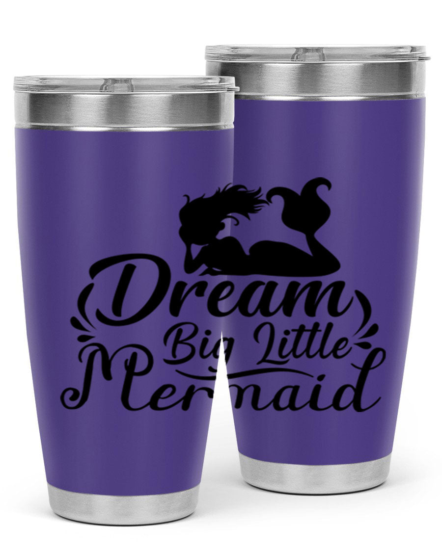 Dream Big Little Mermaid tumbler in 20oz and 30oz sizes, featuring a vibrant design and stainless steel construction.