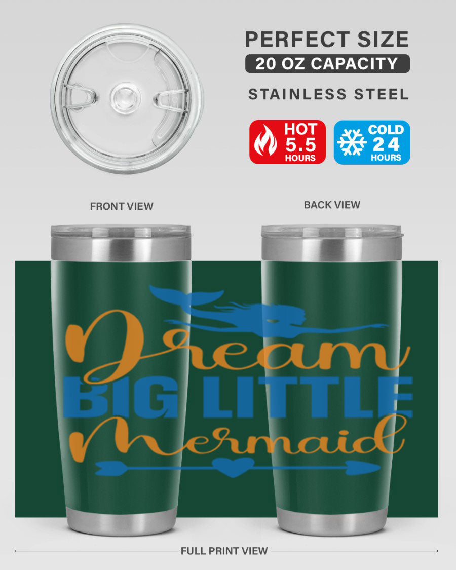 Dream Big Little Mermaid tumbler in vibrant colors, showcasing its double wall stainless steel design and drink-thru lid.