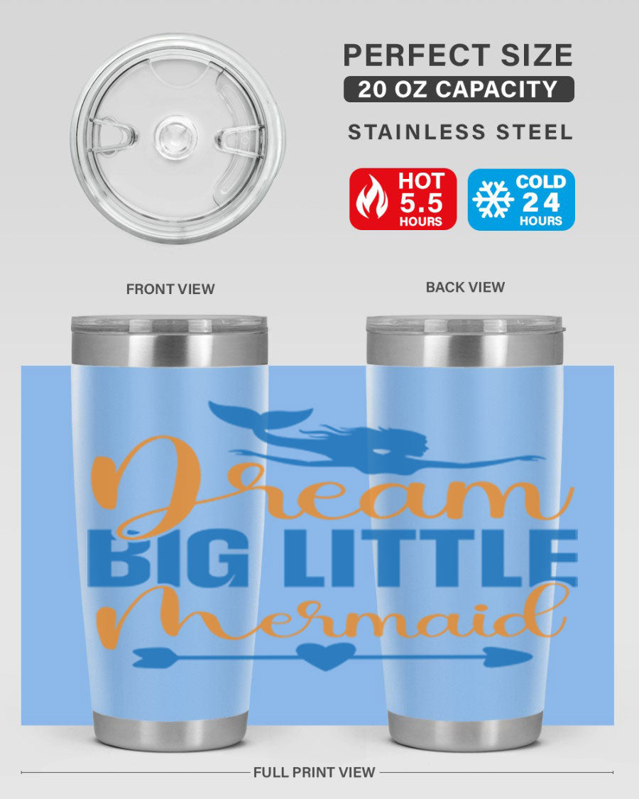 Dream Big Little Mermaid tumbler in vibrant colors, showcasing its double wall stainless steel design and drink-thru lid.