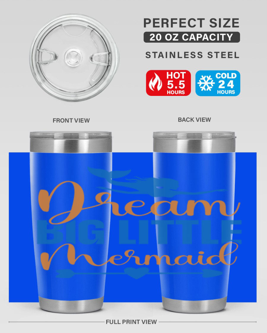 Dream Big Little Mermaid tumbler in vibrant colors, showcasing its double wall stainless steel design and drink-thru lid.