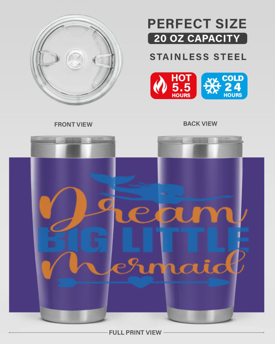 Dream Big Little Mermaid tumbler in vibrant colors, showcasing its double wall stainless steel design and drink-thru lid.