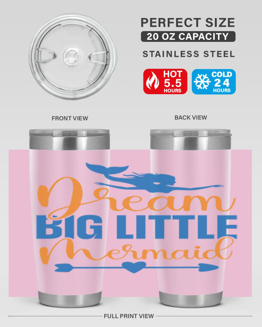 Dream Big Little Mermaid tumbler in vibrant colors, showcasing its double wall stainless steel design and drink-thru lid.