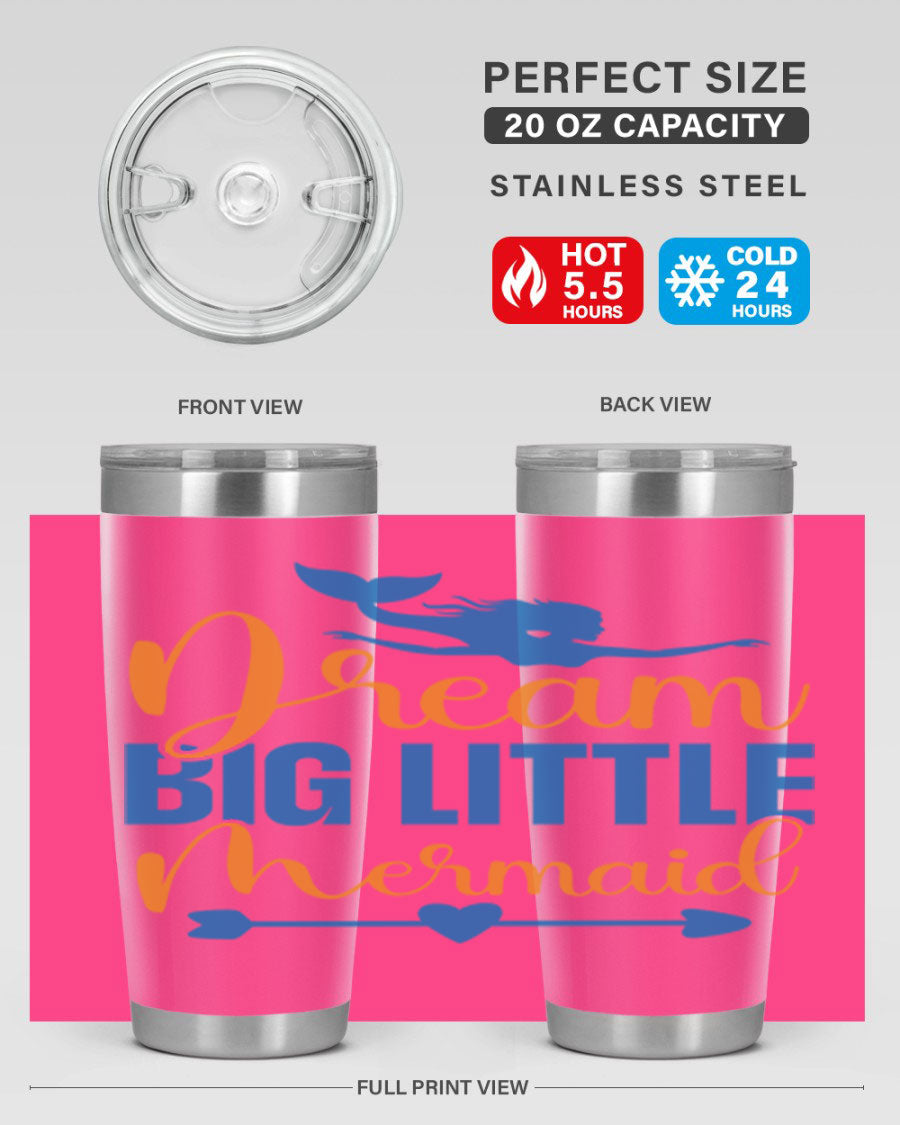 Dream Big Little Mermaid tumbler in vibrant colors, showcasing its double wall stainless steel design and drink-thru lid.