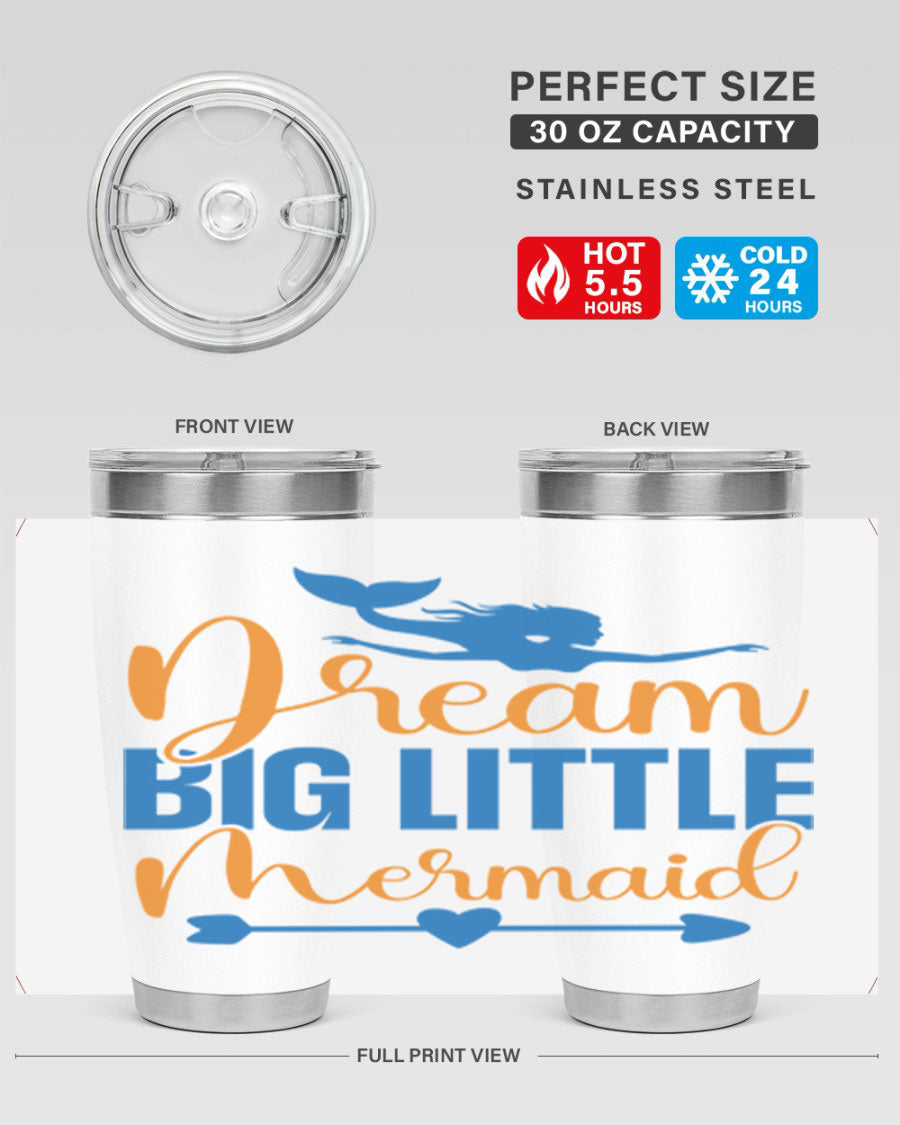 Dream Big Little Mermaid tumbler in vibrant colors, showcasing its double wall stainless steel design and drink-thru lid.