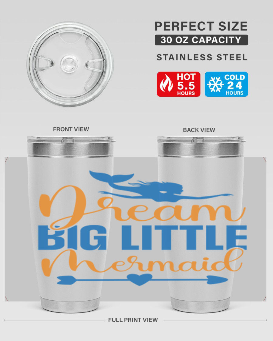 Dream Big Little Mermaid tumbler in vibrant colors, showcasing its double wall stainless steel design and drink-thru lid.