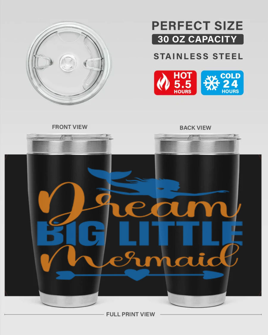 Dream Big Little Mermaid tumbler in vibrant colors, showcasing its double wall stainless steel design and drink-thru lid.