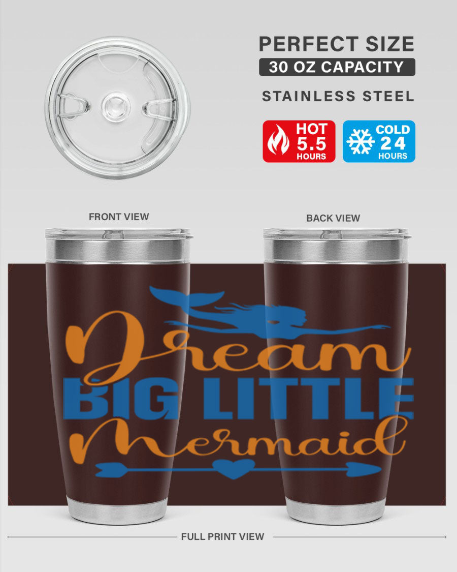 Dream Big Little Mermaid tumbler in vibrant colors, showcasing its double wall stainless steel design and drink-thru lid.