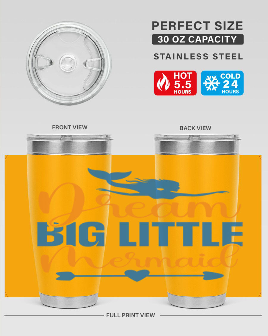 Dream Big Little Mermaid tumbler in vibrant colors, showcasing its double wall stainless steel design and drink-thru lid.