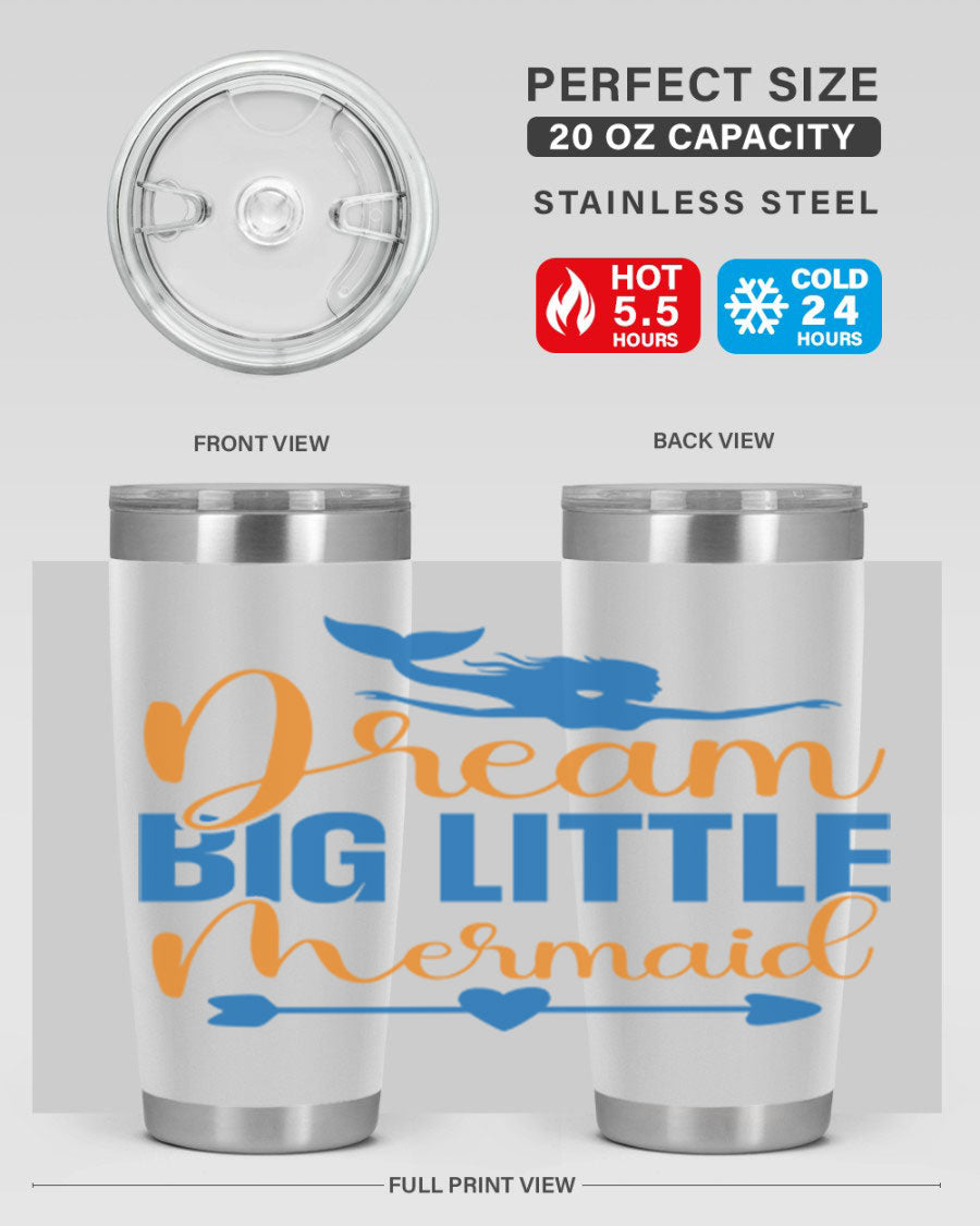 Dream Big Little Mermaid tumbler in vibrant colors, showcasing its double wall stainless steel design and drink-thru lid.