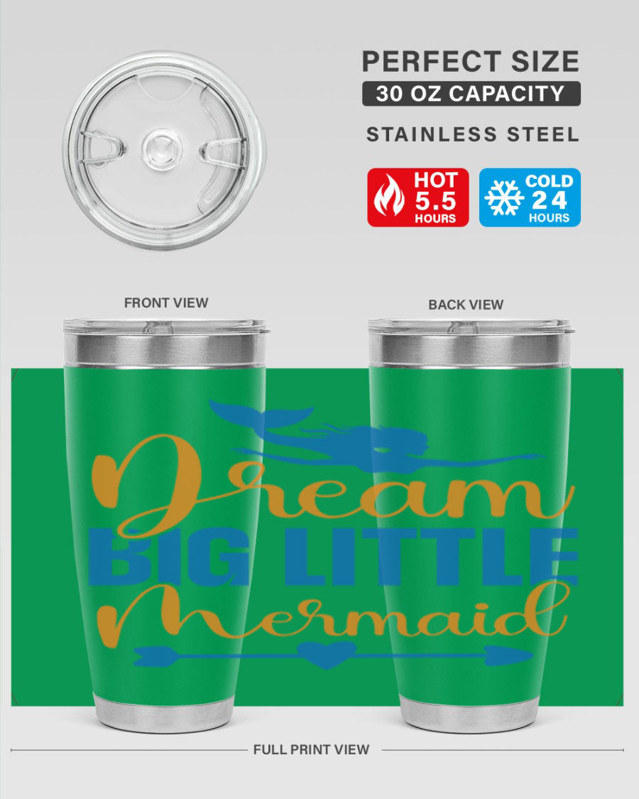 Dream Big Little Mermaid tumbler in vibrant colors, showcasing its double wall stainless steel design and drink-thru lid.