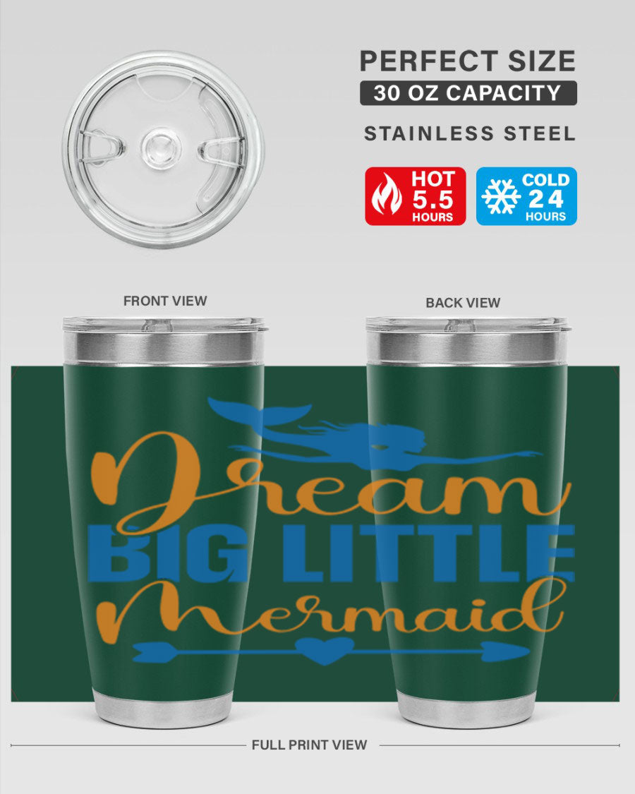 Dream Big Little Mermaid tumbler in vibrant colors, showcasing its double wall stainless steel design and drink-thru lid.