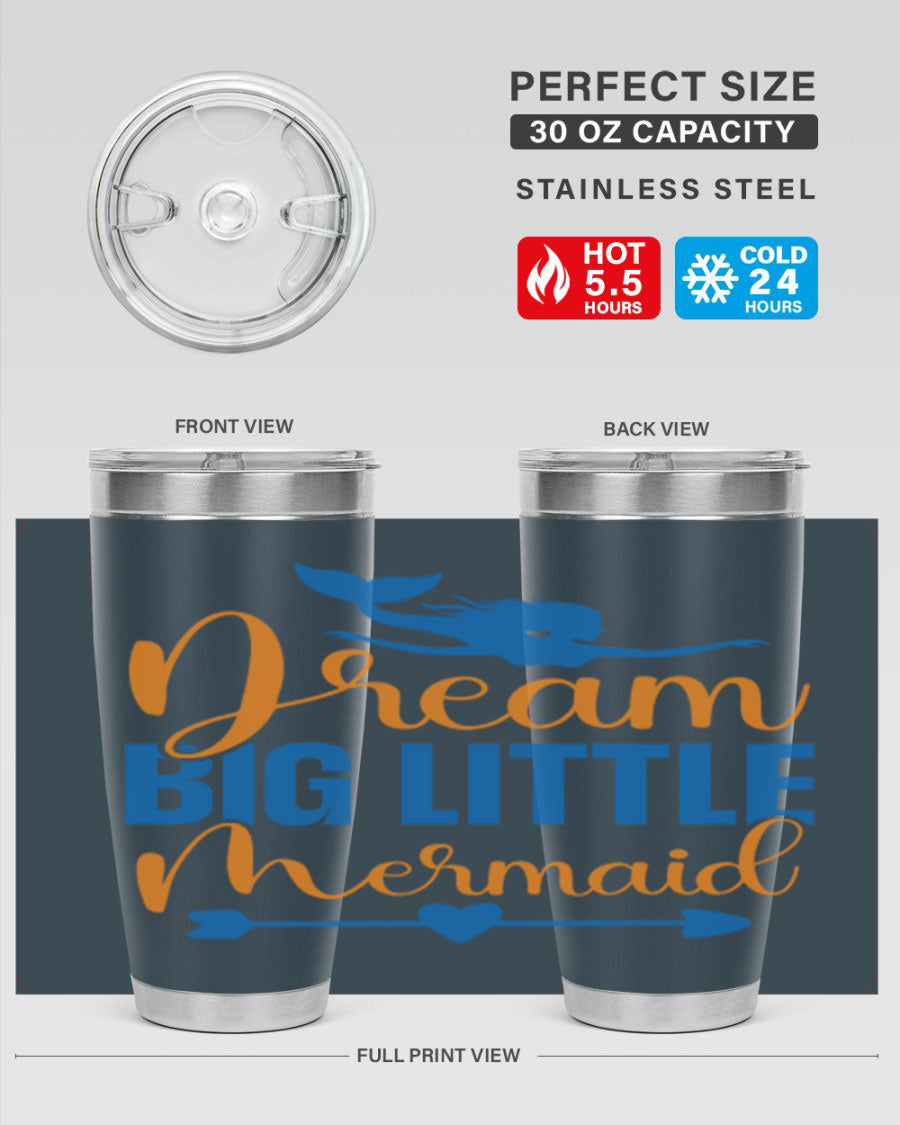 Dream Big Little Mermaid tumbler in vibrant colors, showcasing its double wall stainless steel design and drink-thru lid.
