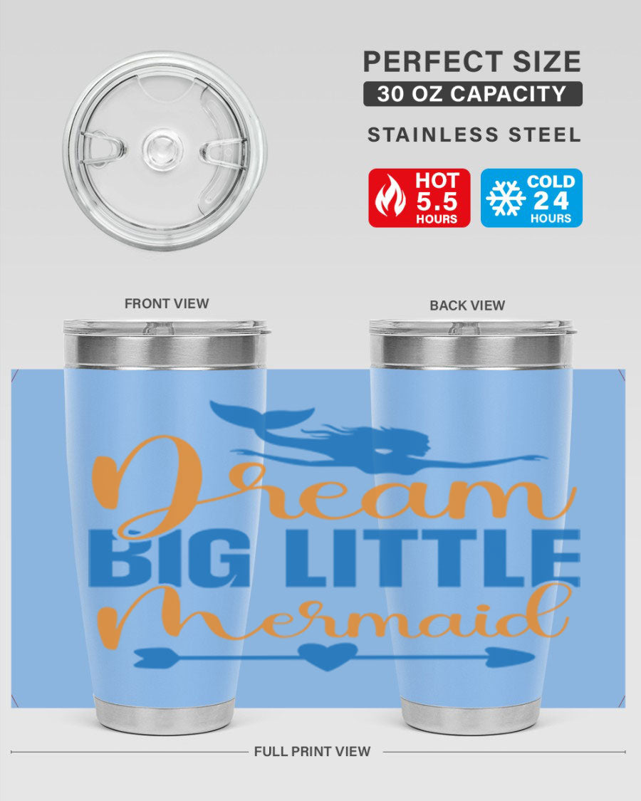 Dream Big Little Mermaid tumbler in vibrant colors, showcasing its double wall stainless steel design and drink-thru lid.