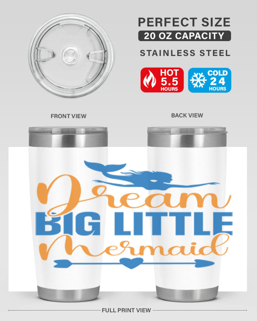 Dream Big Little Mermaid tumbler in vibrant colors, showcasing its double wall stainless steel design and drink-thru lid.