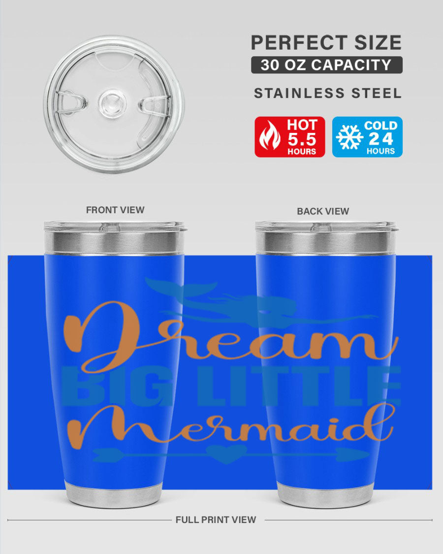 Dream Big Little Mermaid tumbler in vibrant colors, showcasing its double wall stainless steel design and drink-thru lid.